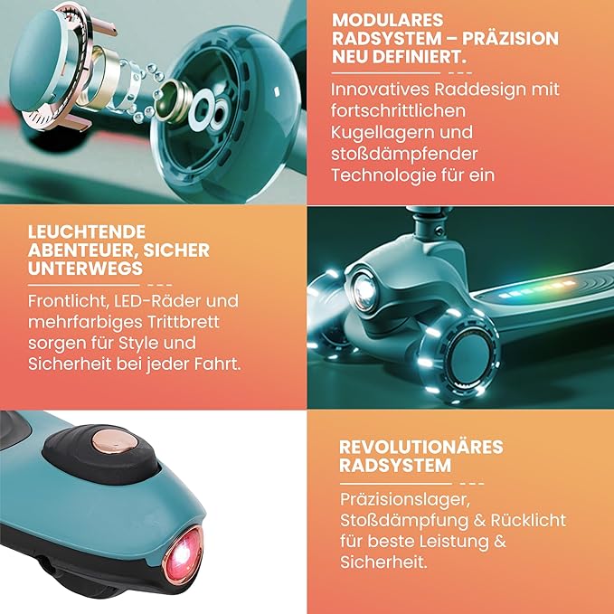 Habib Gruppe Kinderroller Tretroller 3 - Rad - LED Frontlicht, Rücklicht & Leuchtendes Deck Scooter, Faltbar, Höhenverstellbar, rutschfest & Pannensicher (3 - 8 Jahre) - Europebazar