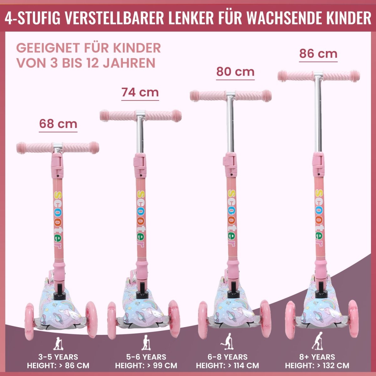 Habib Gruppe Kinderroller, Tretroller ab 3 Jahre, Faltbar, Höhenverstellbar, LED Leuchträder, Bis 50kg, Für Jungen & Mädchen - Europebazar