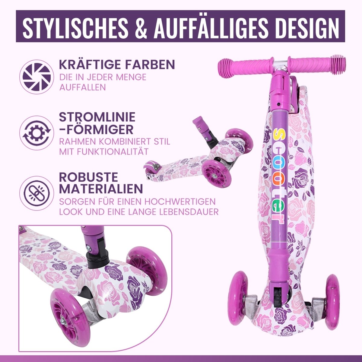 Habib Gruppe Kinderroller, Tretroller ab 3 Jahre, Faltbar, Höhenverstellbar, LED Leuchträder, Bis 50kg, Für Jungen & Mädchen - Europebazar