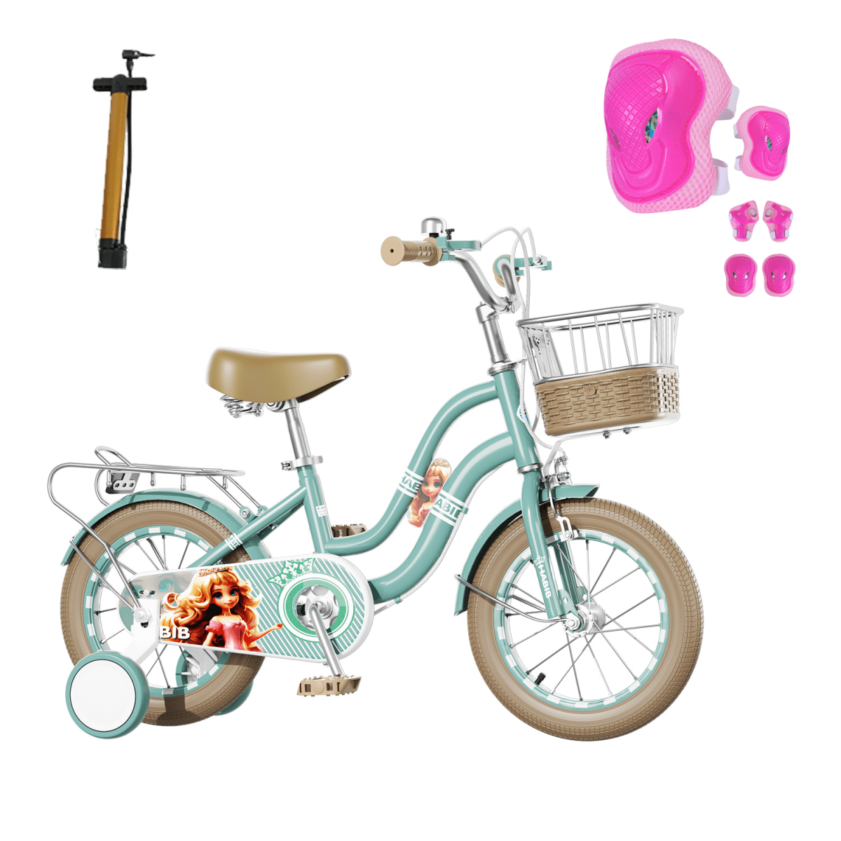 Habib Gruppe Mädchenfahrrad Klassik | Inkl. Luftpumpe & 6 - teiligem Schutz - Set | Karbonstahlrahmen & Duales Bremssystem | Mitwachsend & sicher für Mädchen 3 - 8 Jahre - Europebazar
