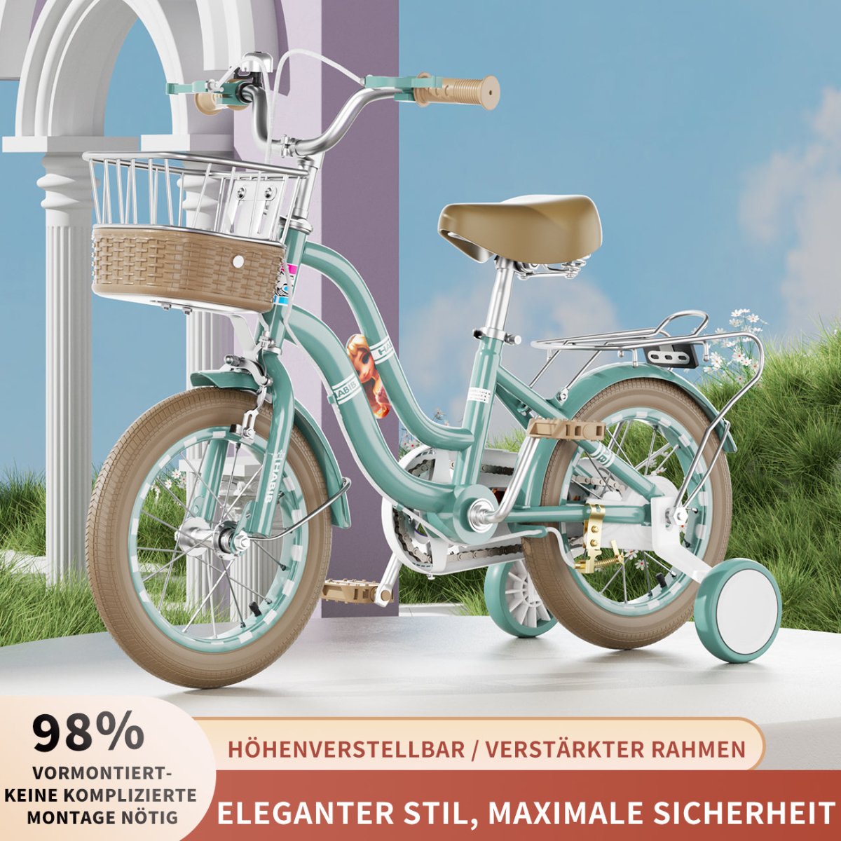 Habib Gruppe Mädchenfahrrad Klassik | Inkl. Luftpumpe & 6 - teiligem Schutz - Set | Karbonstahlrahmen & Duales Bremssystem | Mitwachsend & sicher für Mädchen 3 - 8 Jahre - Europebazar