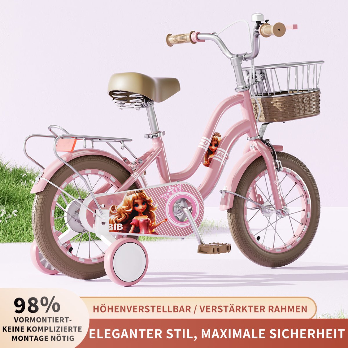 Habib Gruppe Mädchenfahrrad Klassik | Inkl. Luftpumpe & 6 - teiligem Schutz - Set | Karbonstahlrahmen & Duales Bremssystem | Mitwachsend & sicher für Mädchen 3 - 8 Jahre - Europebazar