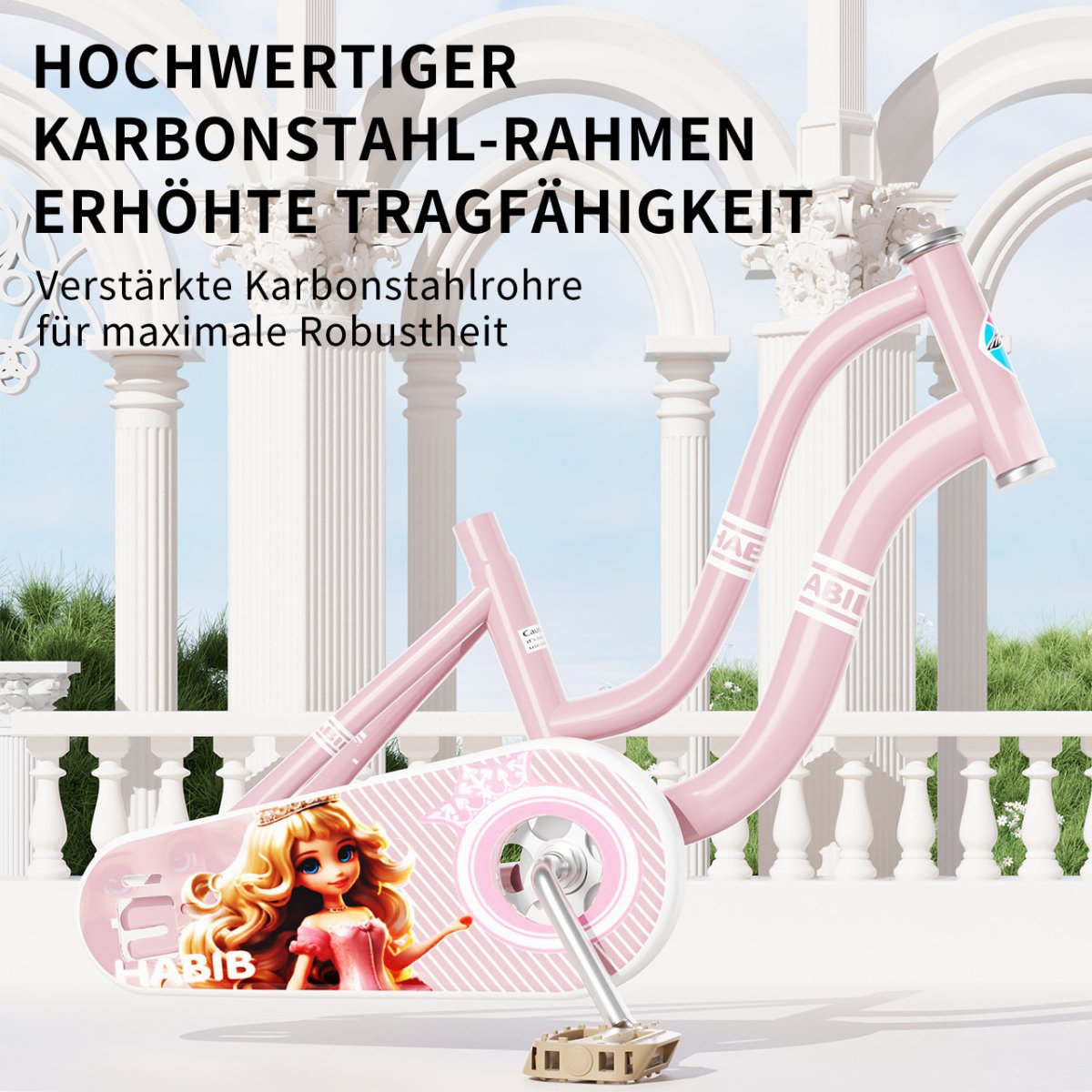Habib Gruppe Mädchenfahrrad Klassik | Inkl. Luftpumpe & 6 - teiligem Schutz - Set | Karbonstahlrahmen & Duales Bremssystem | Mitwachsend & sicher für Mädchen 3 - 8 Jahre - Europebazar