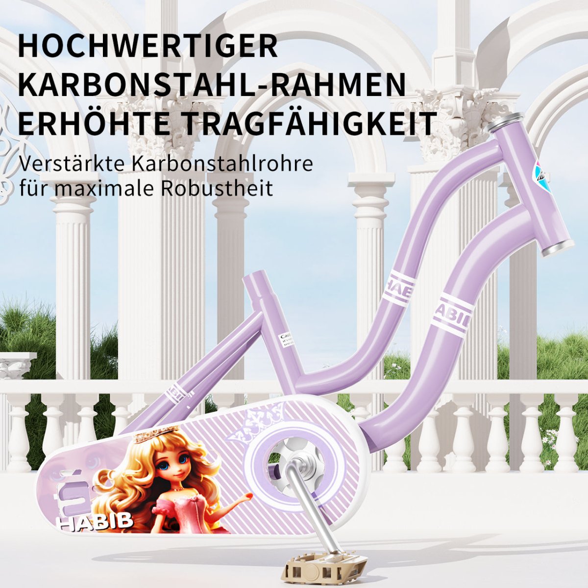 Habib Gruppe Mädchenfahrrad Klassik | Inkl. Luftpumpe & 6 - teiligem Schutz - Set | Karbonstahlrahmen & Duales Bremssystem | Mitwachsend & sicher für Mädchen 3 - 8 Jahre - Europebazar