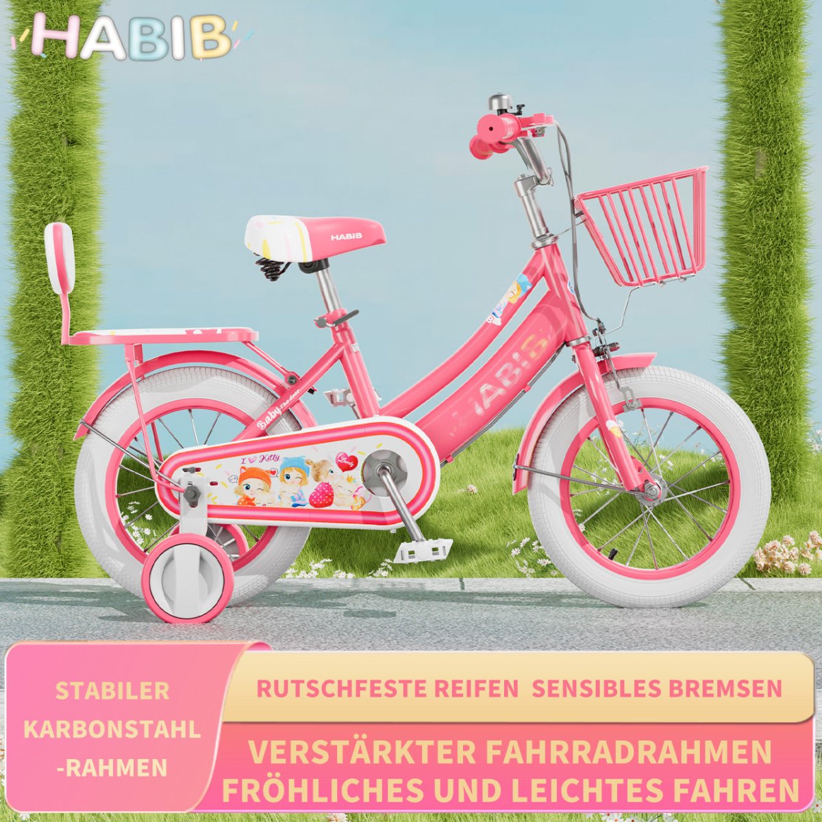 Habib Gruppe Mädchenfahrrad Komplettset | 12, 14, 16 Zoll | Inkl. Luftpumpe & 6 - teiligem Schutz - Set | Karbonstahlrahmen & Duales Bremssystem | Mitwachsend & sicher für Mädchen 3 - 8 Jahre - Europebazar