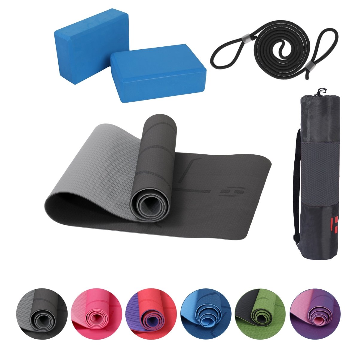 Habib Yogamatte Satz inklusive Yogablöcke - Rutschfeste Gepolsterte Trainingsmatte für Fitness Inklusive Yogagurt und Tasche - 2er Set YogaBlöcke Unterstützung für Pilates,Meditation,Erholung - Europebazar