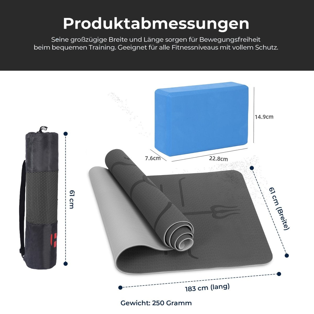 Habib Yogamatte Satz inklusive Yogablöcke - Rutschfeste Gepolsterte Trainingsmatte für Fitness Inklusive Yogagurt und Tasche - 2er Set YogaBlöcke Unterstützung für Pilates,Meditation,Erholung - Europebazar