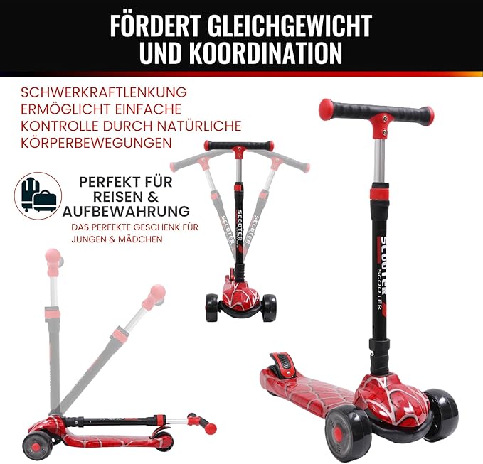 Kinderroller mit LED Leuchträdern, Klappbar Tretroller 3 - 12 Jahre, Höhenverstellbar Scooter für Mädchen & Jungen, Roller Kinder mit Rutschfesten Griffen & Hinterradbremse - Europebazar