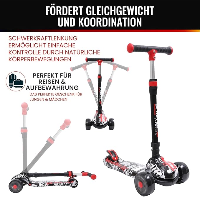Kinderroller mit LED Leuchträdern, Klappbar Tretroller 3 - 12 Jahre, Höhenverstellbar Scooter für Mädchen & Jungen, Roller Kinder mit Rutschfesten Griffen & Hinterradbremse - Europebazar