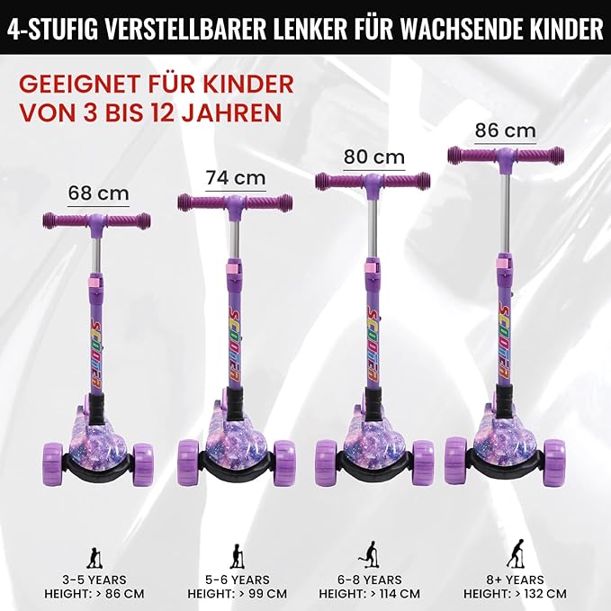 Kinderroller mit LED Leuchträdern, Klappbar Tretroller 3 - 12 Jahre, Höhenverstellbar Scooter für Mädchen & Jungen, Roller Kinder mit Rutschfesten Griffen & Hinterradbremse - Europebazar