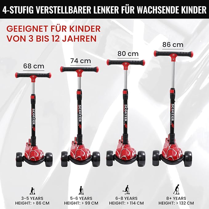 Kinderroller mit LED Leuchträdern, Klappbar Tretroller 3 - 12 Jahre, Höhenverstellbar Scooter für Mädchen & Jungen, Roller Kinder mit Rutschfesten Griffen & Hinterradbremse - Europebazar