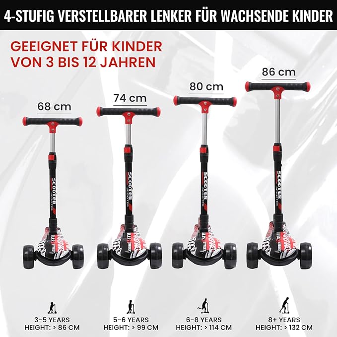 Kinderroller mit LED Leuchträdern, Klappbar Tretroller 3 - 12 Jahre, Höhenverstellbar Scooter für Mädchen & Jungen, Roller Kinder mit Rutschfesten Griffen & Hinterradbremse - Europebazar