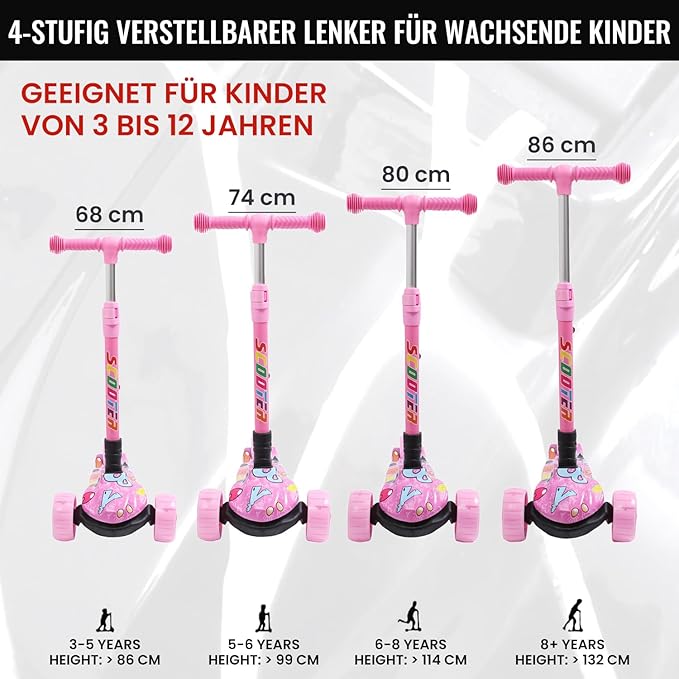 Kinderroller mit LED Leuchträdern, Klappbar Tretroller 3 - 12 Jahre, Höhenverstellbar Scooter für Mädchen & Jungen, Roller Kinder mit Rutschfesten Griffen & Hinterradbremse - Europebazar