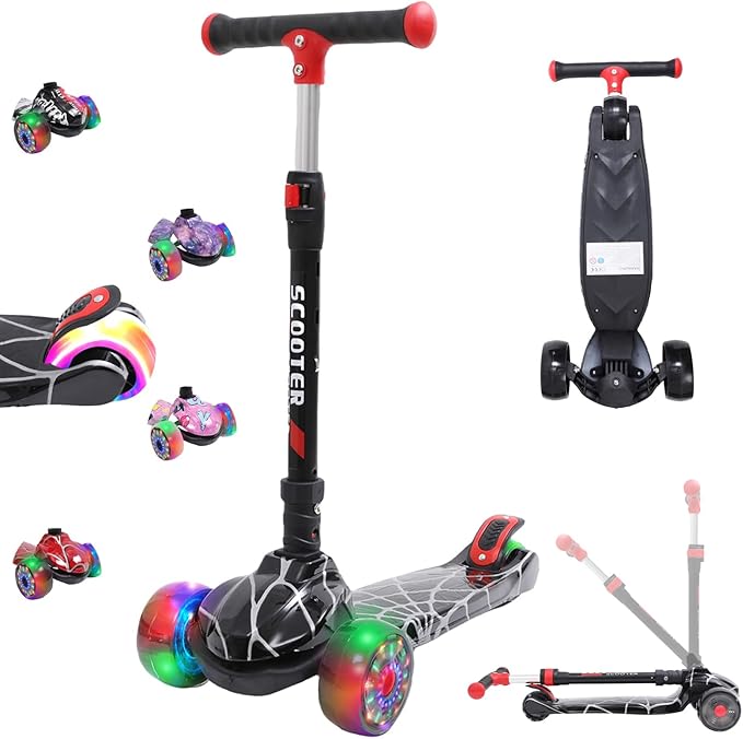 Kinderroller mit LED Leuchträdern, Klappbar Tretroller 3 - 12 Jahre, Höhenverstellbar Scooter für Mädchen & Jungen, Roller Kinder mit Rutschfesten Griffen & Hinterradbremse - Europebazar