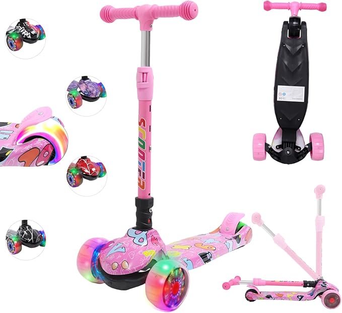 Kinderroller mit LED Leuchträdern, Klappbar Tretroller 3 - 12 Jahre, Höhenverstellbar Scooter für Mädchen & Jungen, Roller Kinder mit Rutschfesten Griffen & Hinterradbremse - Europebazar