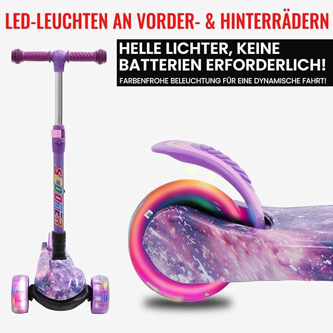 Kinderroller mit LED Leuchträdern, Klappbar Tretroller 3 - 12 Jahre, Höhenverstellbar Scooter für Mädchen & Jungen, Roller Kinder mit Rutschfesten Griffen & Hinterradbremse - Europebazar