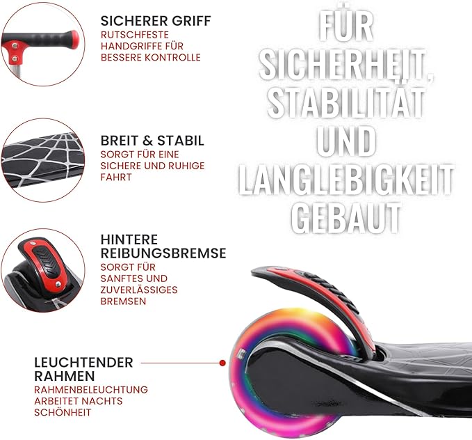 Kinderroller mit LED Leuchträdern, Klappbar Tretroller 3 - 12 Jahre, Höhenverstellbar Scooter für Mädchen & Jungen, Roller Kinder mit Rutschfesten Griffen & Hinterradbremse - Europebazar