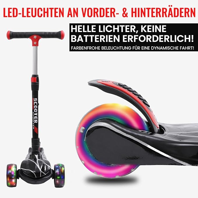 Kinderroller mit LED Leuchträdern, Klappbar Tretroller 3 - 12 Jahre, Höhenverstellbar Scooter für Mädchen & Jungen, Roller Kinder mit Rutschfesten Griffen & Hinterradbremse - Europebazar
