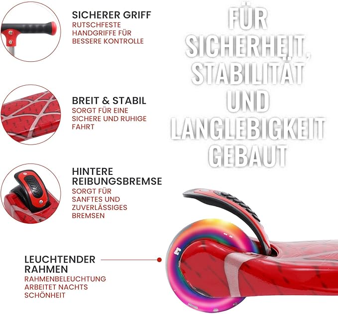 Kinderroller mit LED Leuchträdern, Klappbar Tretroller 3 - 12 Jahre, Höhenverstellbar Scooter für Mädchen & Jungen, Roller Kinder mit Rutschfesten Griffen & Hinterradbremse - Europebazar