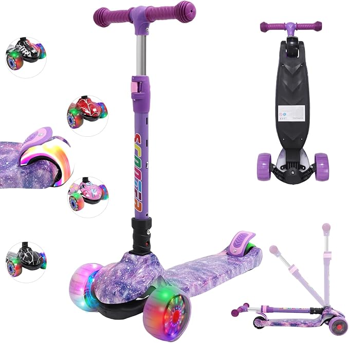 Kinderroller mit LED Leuchträdern, Klappbar Tretroller 3 - 12 Jahre, Höhenverstellbar Scooter für Mädchen & Jungen, Roller Kinder mit Rutschfesten Griffen & Hinterradbremse - Europebazar