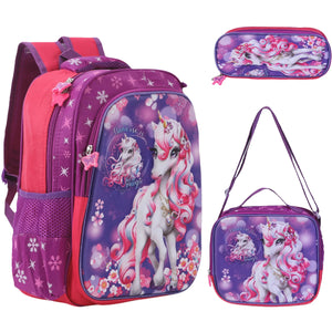 3D Rosa Einhorn Schulrucksack Kinder - 3 Satz Große Rucksack für Mädchen 14 Zoll