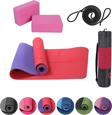 Yogamatte Satz inklusive Yogablöcke - Rutschfeste Gepolsterte Trainingsmatte für Fitness Inklusive Yogagurt und Tasche - 2er Set YogaBlöcke Unterstützung für Pilates,Meditation,Erholung - Europebazar