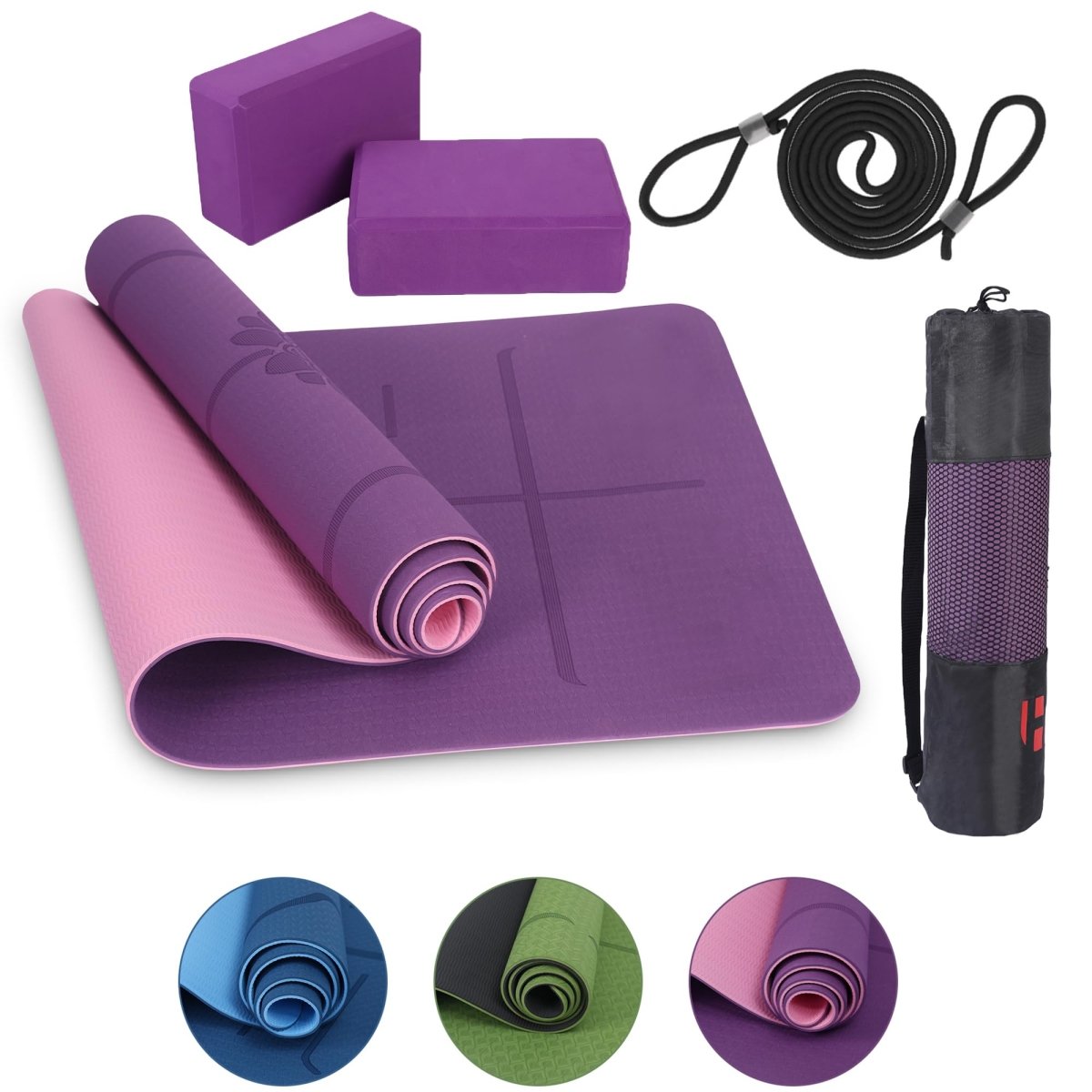 Yogamatte Satz inklusive Yogablöcke - Rutschfeste Gepolsterte Trainingsmatte für Fitness Inklusive Yogagurt und Tasche - 2er Set YogaBlöcke Unterstützung für Pilates,Meditation,Erholung - Europebazar