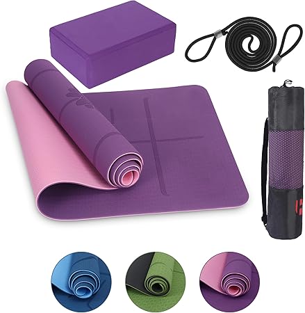 Yogamatte Satz inklusive Yogablöcke - Rutschfeste Gepolsterte Trainingsmatte für Fitness Inklusive Yogagurt und Tasche - 2er Set YogaBlöcke Unterstützung für Pilates,Meditation,Erholung - Europebazar
