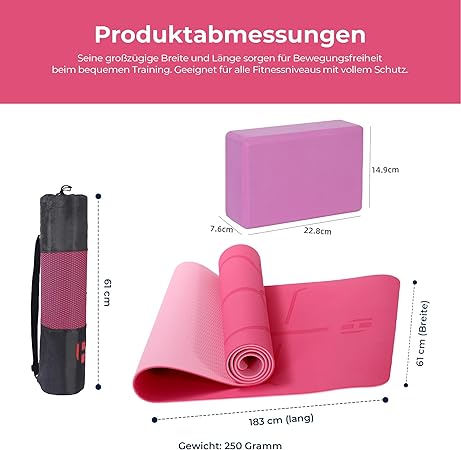 Yogamatte Satz inklusive Yogablöcke - Rutschfeste Gepolsterte Trainingsmatte für Fitness Inklusive Yogagurt und Tasche - 2er Set YogaBlöcke Unterstützung für Pilates,Meditation,Erholung - Europebazar