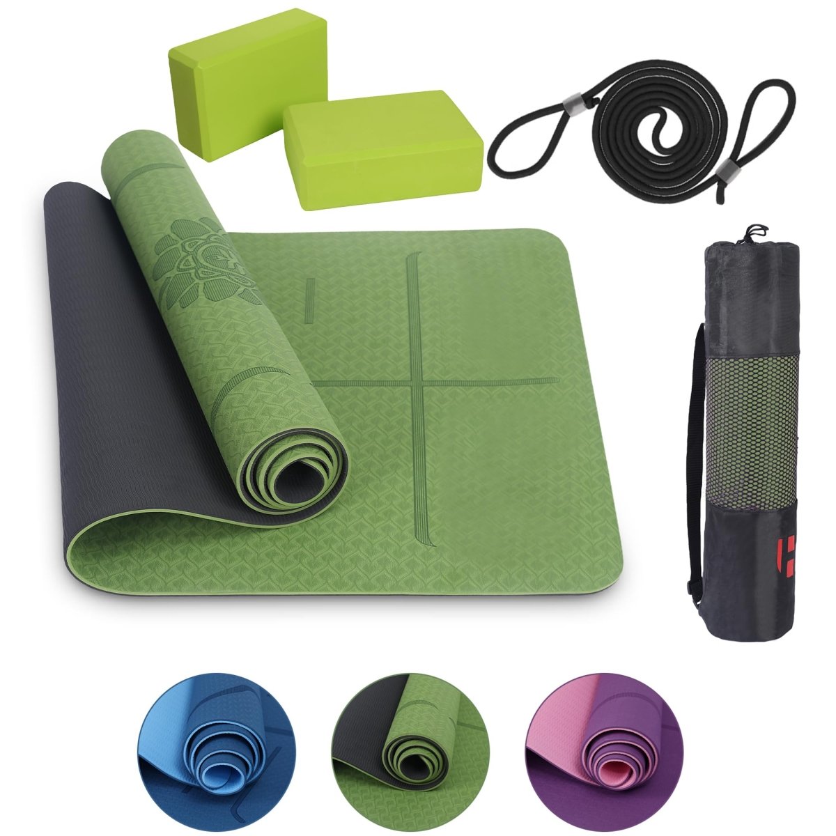 Yogamatte Satz inklusive Yogablöcke - Rutschfeste Gepolsterte Trainingsmatte für Fitness Inklusive Yogagurt und Tasche - 2er Set YogaBlöcke Unterstützung für Pilates,Meditation,Erholung - Europebazar