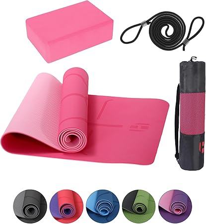 Yogamatte Satz inklusive Yogablöcke - Rutschfeste Gepolsterte Trainingsmatte für Fitness Inklusive Yogagurt und Tasche - 2er Set YogaBlöcke Unterstützung für Pilates,Meditation,Erholung - Europebazar