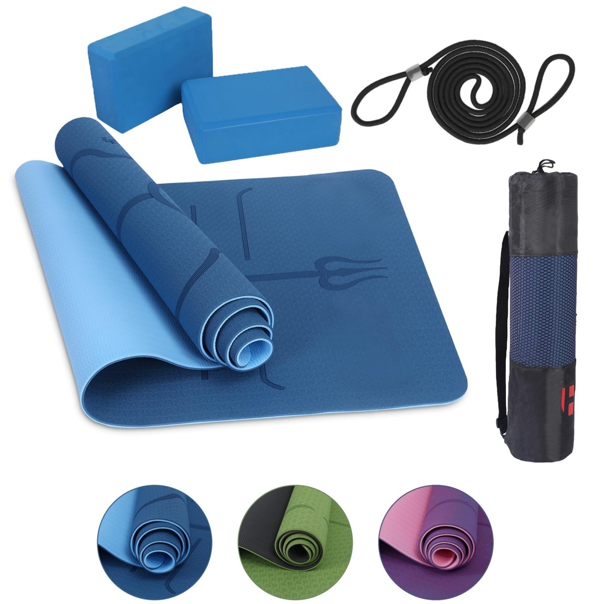 Yogamatte Satz inklusive Yogablöcke - Rutschfeste Gepolsterte Trainingsmatte für Fitness Inklusive Yogagurt und Tasche - 2er Set YogaBlöcke Unterstützung für Pilates,Meditation,Erholung - Europebazar