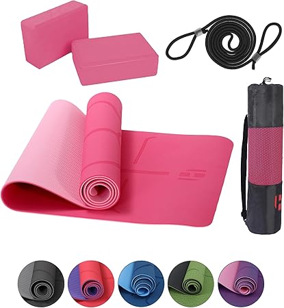 Yogamatte Satz inklusive Yogablöcke - Rutschfeste Gepolsterte Trainingsmatte für Fitness Inklusive Yogagurt und Tasche - 2er Set YogaBlöcke Unterstützung für Pilates,Meditation,Erholung - Europebazar