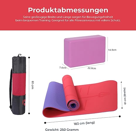 Yogamatte Satz inklusive Yogablöcke - Rutschfeste Gepolsterte Trainingsmatte für Fitness Inklusive Yogagurt und Tasche - 2er Set YogaBlöcke Unterstützung für Pilates,Meditation,Erholung - Europebazar